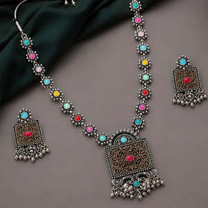 <b>Bridal</b> Traditional Navratri Oxidised Silver Plated Multicolour Long <b>Necklace</b> <b>and</b> Matching <b>Earrings</b> Jewellery <b>Set</b> for Women - Product Image 4