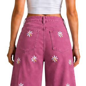 Jean en denim rose pour femme, coupe large, broderie florale, taille haute, ample, style streetwear décontracté, personnalisable OEM ODM, vente en gros - Product Image 6