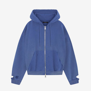 Sweat à capuche en molleton bleu délavé imprimé avec cordon de serrage et détails de poignets déchirés pour l'automne, style formel, ODM, streetwear vintage - Product Image 4