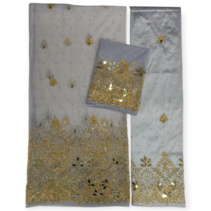 Envolturas nigerianas de encaje de red gris en línea Tela africana con cuentas pesadas para vestidos de noche - Product Image 2