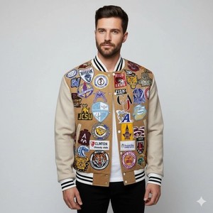 Chaqueta Varsity Negra Unisex con Parches Bordados, Diseño de Letra V, Estilo Vintage, Corte Regular, para Invierno, Cuello Alto - Product Image 1