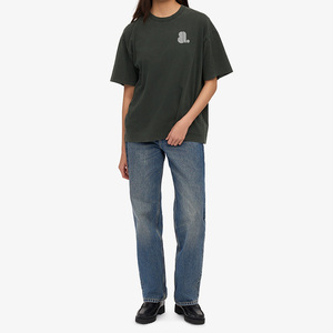 Camiseta de Manga Corta para Mujer, Cuello Redondo, Corte Regular, Color Verde Oscuro Sólido, 100% Algodón Orgánico, Estampado con Logotipo Informal, Secado Rápido para Verano - Product Image 3