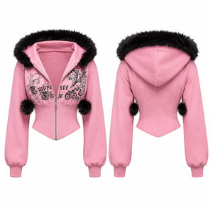 Pink Women's Hooded Zip-Up Sweatshirt With Faux Fur <b>Trim</b> And <b>Pom</b> Poms Custom Style Short Jacket Winter Wear Hoodie - Product Image 1