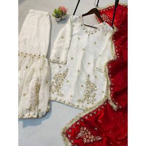 Beautiful White <b>Wedding</b> Dresses <b>Top</b>-Bottom and Dupatta with Long Sleeve V-neck and Contrast Color for Party Wear - Product Image 4