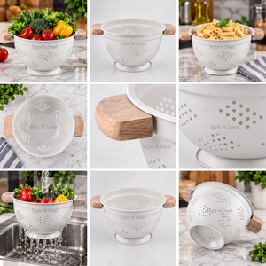 White <b>Stainless</b> <b>Steel</b> <b>Colander</b> Wooden Handle Strainer Basket with Stable Base for Pasta Fruit and Vegetable Washing - Product Image 3