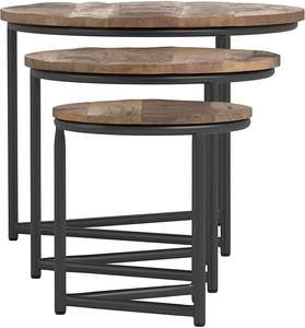 Ensemble de 3 tables basses rondes en bois de manguier massif, finition grain naturel, base en métal noir, très demandées - Product Image 5