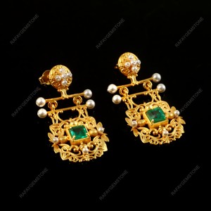 Pendientes de Aro de Plata de Ley 925 con Esmeralda y Perla Chapada en Oro, Joyería de Lujo para Novia, Regalo para Mujer - Product Image 2