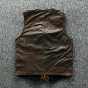 Vintage Brown Genuine Leather <b>Utility</b> <b>Vest</b> with Multi-Pocket Front, Button Closure, V-Neck Design and Classic Workwear Style - Product Image 2