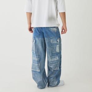 Pantalon en jean streetwear tendance, coupe droite décontractée pour homme, teinte foncée vintage, respirant, broderie personnalisée - Product Image 2