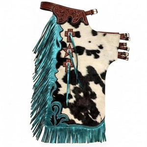 Cuissardes en cuir de vachette Western avec logo frontal taille haute, franges turquoise et ceinture en cuir sculpté, unisexe, pour l'équitation de type Rodeo - Product Image 1