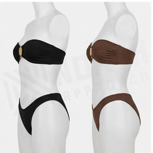 Ensemble bikini bandeau de couleur unie pour femmes, avec détail bouton torsadé sur le devant, bas de maillot de bain extensible, deux pièces - Product Image 3