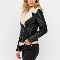 Veste en cuir noir pour femme, style moto, avec garniture en fourrure, fermeture éclair, style hiver