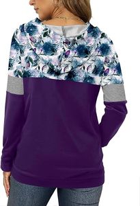 Sweat-shirt à capuche en tricot pour femme, à manches longues, avec poches, motif floral color block, décontracté, pour l'automne, imprimé violet, gris, bleu - Product Image 3