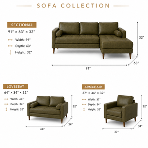Ensemble de canapés en cuir vert olive, 3 places, 2 places, fauteuil, style moderne du milieu du siècle, ensemble de meubles pour salon, ensemble de salon - Product Image 3
