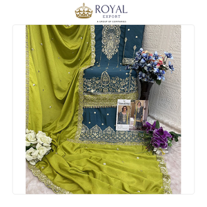 Nouvelle collection de vêtements ethniques de créateurs, magnifiques ensembles de costumes pakistanais en soie Chinnon avec broderies et perles. - Product Image 2