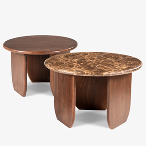 Juego moderno de dos mesas de centro para sala de estar, de madera maciza de acacia, con tapa redonda de mármol y patas plegables. - Product Image 1