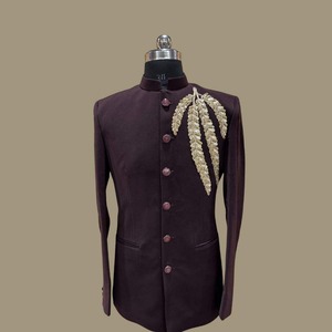 Sherwani Premium para Hombre, Estilo Tradicional, con Patrón de Helecho Dorado, Sin Arrugas, Cuello Mandarín Estructurado, para Bodas y Fiestas - Product Image 3