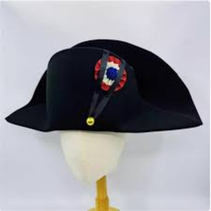 Bicorn Hat is a historically inspired <b>costume</b> accessory featuring premium black wool felt, gold braid trim, and a <b>red</b> Hat - Product Image 1