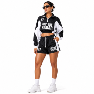 Custom Women's Winter Autumn Satin Embroidery Hooded Windbreaker Jacket & Running Shorts <b>Set</b> OEM ODM Sportswear Activewear - Product Image 6