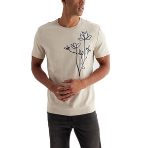 Men's <b>Cream</b> Short Sleeve <b>T</b>-<b>Shirt</b> With Floral Embroidery O-Neck Regular Fit Casual Jersey Cotton Top - Product Image 1