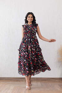 Robe midi à imprimé floral, col en V, coupe évasée, manches courtes, en mousseline de soie, style bohème décontracté, robe d'été pour femmes, robe élégante - Product Image 3