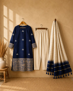 Unstitched Hand Embroidered Jamdani Cotton <b>Kurta</b> Set in Royal Blue <b>for</b> <b>Women</b> Available at wholesale Price - Product Image 5