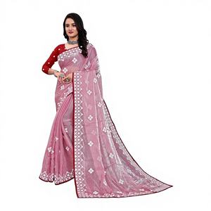 Sari en Georgette de Luxe, Broderie Lisse en Fil de Coton Blanc Lourd, Assorti à une Blouse en Soie Satinée Contrastante, Idéal pour les Fêtes Indiennes - Product Image 1