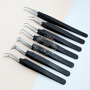 Glitter <b>Black</b> Color Spring Scissor & Eyelash Extension Tweezers Stainless Steel 35 45 90 Degree Isolation Fiber Tip Tweezer - Product Image 1