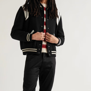 <b>Men's</b> Black Varsity <b>Jacket</b> With <b>White</b> Stripes Stand Collar Button Closure Preppy Style Regular Fit Autumn Wear - Product Image 3