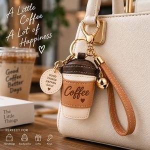พวงกุญแจหนังเทียมเย็บลายถุงกาแฟ พร้อมคลิปโลหะทนทานสำหรับกุญแจรถและกระเป๋า - Product Image 3