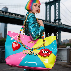 Bolso de Mano GORFIA de Cuero Sintético Colorido, Estilo Pop Art, con Cadenas de Cuentas y Asa de Transporte, Bolsas para Mujer - Product Image 4