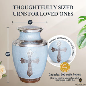 Urna Funeraria Cristiana de Metal Azul Claro con Cruz Plateada |   Urna Funeraria para Cenizas Humanas de Adultos |   220 Pulgadas Cúbicas Ecológicas y Duraderas - Product Image 6
