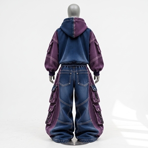 <b>Womens</b> Oversized Denim Hoodie Tracksuit Set <b>Baggy</b> Cargo <b>Jeans</b> Streetwear Acid Wash Custom Clothing Manufacturer - Product Image 3