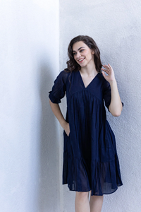 Vestido acampanado con cuello en V azul acampanado para mujer, minivestido corto para fiesta, cintura Natural, estampado Digital teñido liso para otoño - Product Image 4