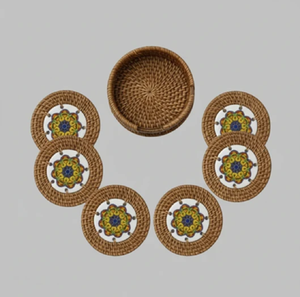Square pearl shell <b>mosaic</b> tile coaster with rattan edge trim, available at wholesale prices. - Product Image 3