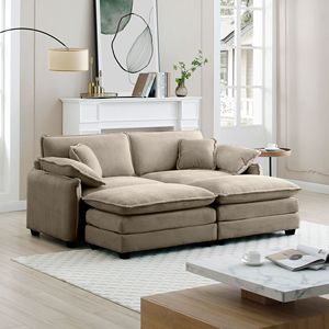 Divano da Teatro a Due Posti in Corduroy Tan con 2 Poggiapiedi per Piccoli Spazi Abitativi, Ottomana a Due Posti Inclusa - Product Image 2