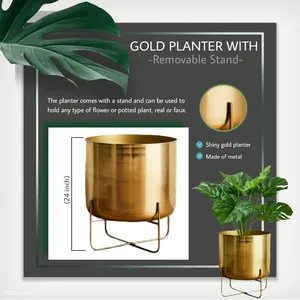 <b>Gold</b> Tone <b>Planter</b> with Removable Stand Round Decorative Plant Pot for Modern Home Decor Living Room Entryway & Botanical Display - Product Image 6