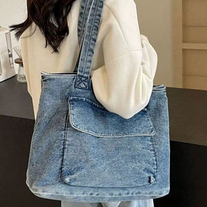 Bolso Tote para Mujer, Versátil, para Viajes y Compras, Bolso de Hombro con Bolsillo Externo, Bolso Grande Azul Vaquero de Lona de Algodón - Product Image 1
