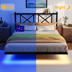Queen Size Floating Metal <b>Bed</b> <b>Frame</b> with Headboard Storage & USB Charging Station LED Lights Full Size <b>Platform</b> <b>Bed</b> Option - Product Image 4