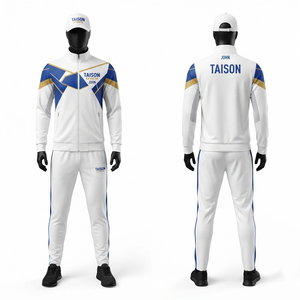 300 GSM Interlock Polyester Soccer <b>Tracksuit</b> <b>White</b> Blue Gold Contrast Panel Custom Printed Logo Set Waterproof Windproof Fleece - Product Image 1