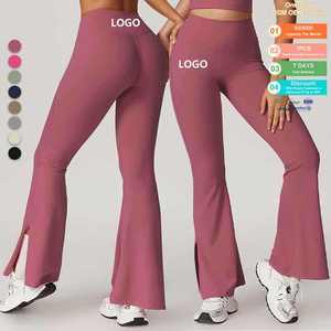 Women's High Waist <b>Flared</b> <b>Leggings</b> Full Length Solid Color Fitted Cotton Zip-Up Seamless Activewear - Product Image 1