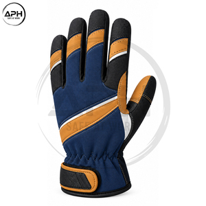 Gants d'assemblage bleu marine, beige et blanc avec superpositions décoratives sur la paume et fermeture de poignet réglable - Product Image 4