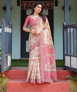 Traditional Indian Cotton Saree With Floral Print Pink Border <b>Floor</b> Length Casual Wear All Seasons Style TWT 1096 85202 - Product Image 2