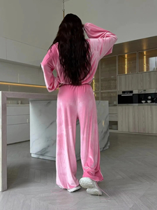 Ensemble de survêtement en velours rose pour femme, haut zippé à manches longues, pantalon large, coupe ample, toutes saisons, couleur unie, tenue décontractée et sportive - Product Image 2