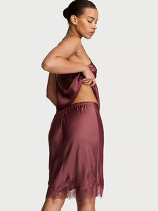 Conjunto de Dos Piezas de Lencería de Seda Satén Borgoña para Mujer, sin Mangas, con Encaje, Largo hasta la Rodilla, Elegante Ropa de Dormir para Primavera - Product Image 5