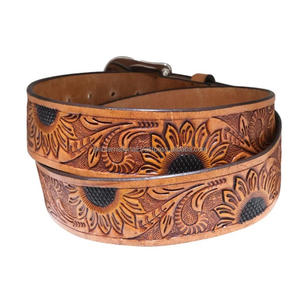 Premium Quality Cowhide <b>Men's</b> Fashion <b>Western</b> Leather Tooling <b>Belt</b> Sunflower Embossed Hand Carved Tooled Leather <b>Belts</b> - Product Image 3
