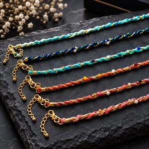 Collar de Cordón de Seda Trenzado Hecho a Mano Estilo Bohemio para Mujer, Joyería Textil Multicolor con Detalles en Oro, Ajustable, para Fiestas - Product Image 4