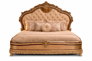 Cama Doble de Lujo Estilo Turco con Cabecera Alta, Armario y Cómoda, Muebles de Dormitorio con Tallados Reales, Cama Clásica con Taburetes Laterales - Product Image 2