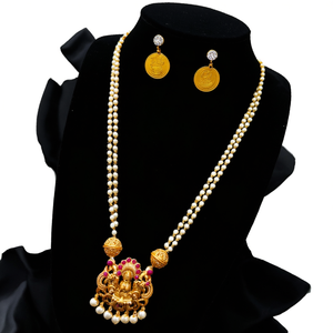 Rhodium Plated Women's <b>Bridal</b> <b>Jewelry</b> <b>Set</b>-Pearl Style Casual Temple Necklace and Earrings with Zircon Coins - Product Image 3