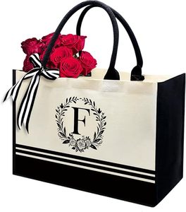 Sac fourre-tout élégant avec monogramme lettre F, en tissu non tissé, avec couronne florale et nœud en ruban, sac de courses réutilisable - Product Image 1